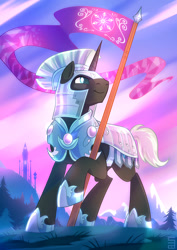 Size: 1200x1697 | Tagged: safe, artist:seanica, oc, oc only, oc:valorheart, pony, unicorn, armor, crystal armor, crystal guard, crystal guard armor, flag, solo