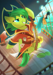 Size: 1414x2000 | Tagged: safe, artist:seanica, oc, oc only, oc:evergreen feathersong, bird, parrot, pegasus, pony, female, mare, pirate, rope, ship, solo, swinging, sword, weapon