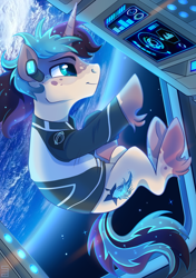 Size: 1500x2125 | Tagged: safe, artist:seanica, oc, oc only, oc:kindle comet, pony, unicorn, clothes, jacket, solo, space, zero gravity