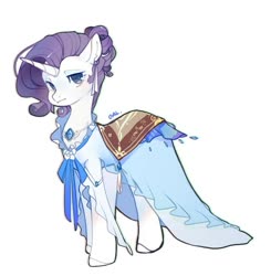 Size: 650x662 | Tagged: dead source, safe, artist:小huhu狸君呀, rarity, pony, unicorn, g4, alternate hairstyle, clothes, dress, ear fluff, ear piercing, earring, female, gem, jewelry, looking at you, mare, necklace, no pupils, piercing, simple background, solo, white background