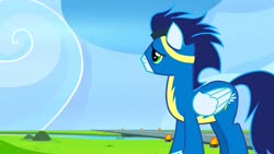 Size: 1280x720 | Tagged: safe, screencap, soarin', pegasus, pony, g4, parental glideance, clothes, folded wings, goggles, male, solo, stallion, uniform, wings, wonderbolts, wonderbolts uniform