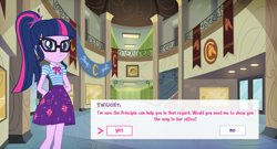 Size: 2000x1080 | Tagged: safe, artist:invisibleink, sci-twi, twilight sparkle, equestria girls, g4, canterlot high, clothes, commission, dating game, dating sim, dialogue box, glasses, lockers, misspelling, ponytail, rpg, show accurate, skirt, video game