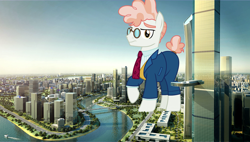Size: 1920x1088 | Tagged: safe, svengallop, earth pony, pony, g4, 3d, building, city, clothes, giant pony, highrise ponies, macro, male, raised hoof, stallion