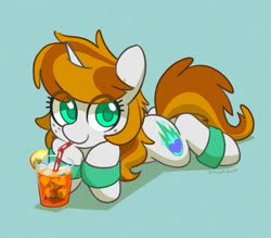 Size: 2031x1778 | Tagged: safe, artist:dawnfire, part of a set, oc, oc only, oc:faerie ember, pony, unicorn, bendy straw, commission, cup, cute, drink, drinking straw, eye clipping through hair, female, freckles, ice, leg warmers, looking at you, lying down, mare, prone, solo, straw