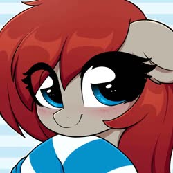 Size: 894x894 | Tagged: safe, artist:moozua, oc, oc only, oc:ponepony, earth pony, pony, blushing, bust, clothes, cute, eye clipping through hair, female, floppy ears, looking at you, mare, ocbetes, portrait, socks, solo, striped background, striped socks
