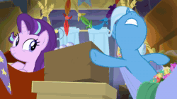 Size: 1280x720 | Tagged: safe, edit, edited screencap, screencap, starlight glimmer, trixie, pony, unicorn, g4, road to friendship, :t, animated, belly, bipedal, box, derp, fading, faic, female, hammock, pixelated, pushing, saturated, scrunchy face, slow motion, sound, squeezing, squishy, squishy cheeks, stuck, trixie's wagon, wat, webm