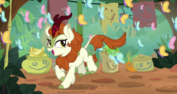 Size: 1800x955 | Tagged: safe, screencap, autumn blaze, butterfly, kirin, g4, sounds of silence, a kirin tale, awwtumn blaze, banana, cheerful, cloven hooves, curved horn, cute, female, food, horn, imaginary friend, lalala, looking back, running, singing, smiley face, solo