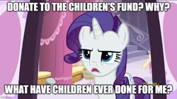 Size: 858x481 | Tagged: safe, edit, edited screencap, editor:twi clown, screencap, rarity, pony, unicorn, g4, the saddle row review, can you spare a dime?, caption, female, image macro, mare, meme, open mouth, out of character, rarity is not amused, spongebob squarepants, text, unamused