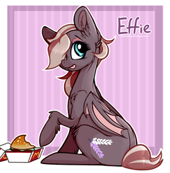 Size: 2786x2834 | Tagged: safe, artist:sherochan, oc, oc only, oc:efflorescence, bat pony, pony, bat pony oc, bat wings, burger, female, food, high res, mare, mcdonald's, solo, tongue out, wings
