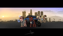 Size: 1650x946 | Tagged: safe, artist:bgn, earth pony, pegasus, pony, unicorn, bag, building, car, car:modern era, city, clothes, coffee, coffee cup, cup, cutie mark, dawn, digital art, dynamite, explosives, franklin clinton, grand theft auto, gta v, horn, male, michael de santa, mouth hold, obey (car), obey tailgater, ponified, stallion, tail, trevor philips, wings