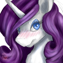 Size: 1600x1600 | Tagged: safe, artist:eastsun, rarity, pony, g4, blushing, bust, female, portrait, simple background, solo, watermark, white background