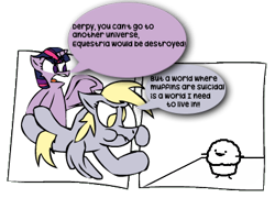 Size: 395x285 | Tagged: safe, artist:sneshpone, derpy hooves, twilight sparkle, g4, asdfmovie, comic, crossover, food, it's muffin time, muffin, simple background, transparent background