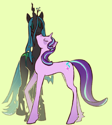 Size: 1779x1987 | Tagged: safe, artist:cinnabad, queen chrysalis, starlight glimmer, changeling, changeling queen, pony, unicorn, g4, eyes closed, female, foe yay, glimmerlis, kissing, lesbian, shipping