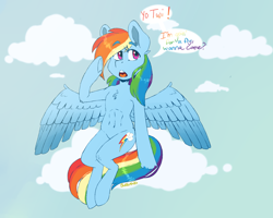 Size: 1280x1024 | Tagged: safe, artist:suautib, rainbow dash, pegasus, pony, g4, abs, chest fluff, cloud, dialogue, female, implied twilight sparkle, mare, on a cloud, sitting, sky, solo, speech, speech bubble, spread wings, wings