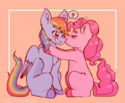 Size: 1000x828 | Tagged: safe, artist:thedefinitionofsad, pinkie pie, rainbow dash, earth pony, pegasus, pony, g4, blushing, cheek kiss, duo, female, folded wings, hooves, kissing, lesbian, mare, ship:pinkiedash, shipping, simple background, sitting, wings