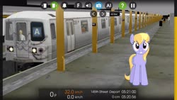 Size: 2560x1440 | Tagged: safe, artist:bluemeganium, artist:topsangtheman, cloud kicker, pegasus, pony, g4, female, grin, hooves, looking at you, mare, metro, new york city subway, smiling, solo, train, train station