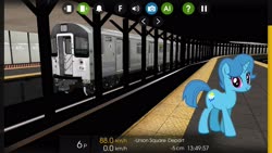 Size: 2560x1440 | Tagged: safe, artist:melisareb, artist:topsangtheman, spring rain, pony, unicorn, g4, female, hooves, horn, looking at you, mare, metro, new york city, new york city subway, solo, train, train station