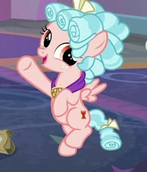 Size: 612x715 | Tagged: safe, screencap, cozy glow, pegasus, pony, g4, school raze, bag, belly, cozybetes, cropped, cute, daaaaaaaaaaaw, female, filly, flying, freckles, open mouth, pure concentrated unfiltered evil of the utmost potency, pure unfiltered evil, raised hoof, raised leg, smiling, solo, spread wings, underhoof, weapons-grade cute, wings