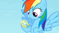 Size: 1280x720 | Tagged: safe, screencap, rainbow dash, pegasus, pony, g4, rainbow falls, female, flying, horseshoes, solo