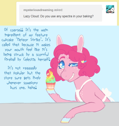 Size: 884x940 | Tagged: safe, artist:ask-pinkie-polkadot-pie, pinkie pie, earth pony, pony, tumblr:ask-pinkie-polkadot-pie, g4, apron, clothes, cupcake, female, food, rainbow cupcake, solo