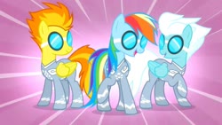 Size: 1280x720 | Tagged: safe, screencap, fleetfoot, rainbow dash, spitfire, pegasus, pony, g4, rainbow falls, clothes, female, flight suit, goggles, racing suit