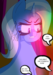 Size: 2480x3508 | Tagged: safe, artist:jimmy draws, trixie, pony, unicorn, g4, crying, high res, horn, lights, rage, sad, show, stage