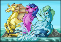 Size: 2684x1874 | Tagged: safe, artist:stormblaze-pegasus, sea pony, seapony (g4), siren, angry, cloud, happy, high res, ocean, open mouth, rock, sky