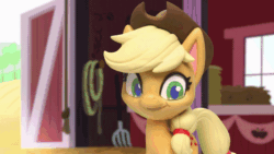 Size: 800x450 | Tagged: safe, screencap, applejack, earth pony, pony, g4.5, my little pony: stop motion short, pie assembly line (short), animated, barn, female, food, gif, hat, looking at you, one eye closed, pie, smiling, solo, stop motion, sunburst background, wink, winking at you