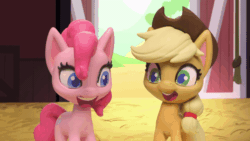 Size: 800x450 | Tagged: safe, screencap, applejack, pinkie pie, earth pony, pony, g4.5, my little pony: stop motion short, pie assembly line (short), animated, barn, female, gif, hat, high five, looking at each other, smiling, stop motion