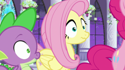 Size: 1920x1080 | Tagged: safe, screencap, fluttershy, pinkie pie, spike, dragon, earth pony, pegasus, pony, g4, the summer sun setback, bipedal, canterlot, canterlot castle, female, folded wings, looking at something, male, night, offscreen character, side view, wavy mouth, winged spike, wings