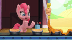 Size: 800x450 | Tagged: safe, screencap, pinkie pie, earth pony, pony, g4.5, my little pony: stop motion short, pie assembly line (short), animated, assembly line, barn, bipedal, cheek bulge, conveyor belt, desperate, female, food, full mouth, gif, mistakes were made, mouth hold, out of context, pie, pie filling, solo, stop motion