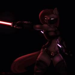 Size: 3500x3500 | Tagged: safe, artist:shadowchisel, pinkie pie, earth pony, anthro, g4, belly button, high res, lightsaber, mask, pinkamena diane pie, star wars, weapon