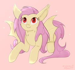 Size: 1920x1773 | Tagged: safe, artist:nyota71, fluttershy, bat pony, pony, g4, bat ponified, bat wings, cute, ear fluff, fangs, female, fluffy, flutterbat, mare, race swap, red eyes, simple background, solo, wings