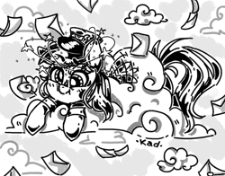 Size: 1400x1100 | Tagged: safe, artist:madkadd, derpy hooves, pegasus, pony, g4, circling stars, clothes, cloud, dizzy, female, grayscale, hat, letter, mailmare, mailmare hat, mailmare uniform, monochrome, solo, stuck, stuck in a cloud