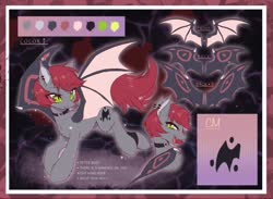 Size: 1280x935 | Tagged: safe, artist:swaybat, oc, oc only, oc:swaybat, bat pony, pony, abstract background, bandage, bat ears, bat eyes, bat pony oc, bat wings, body markings, chest fluff, claws, collar, cute, ear fluff, ear piercing, earring, fangs, female, folded wings, gray coat, green eyes, jewelry, open mouth, piercing, pony oc, red mane, reference, reference sheet, smiling, smirk, smol, solo, spread wings, text, wing claws, wings
