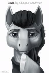 Size: 1024x1521 | Tagged: safe, artist:wwredgrave, cheese sandwich, earth pony, pony, g4, the last laugh, apple (company), bust, grayscale, looking at you, male, monochrome, parody, portrait, simple background, solo, stallion, steve jobs, white background