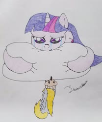 Size: 2683x3226 | Tagged: safe, artist:andrew.a., derpy hooves, twilight sparkle, pegasus, pony, unicorn, g4, crying, cupcake, food, high res, sad smile, tears of joy, traditional art