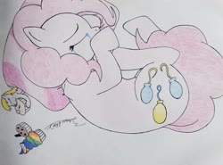 Size: 3416x2533 | Tagged: safe, artist:andrew.a., derpy hooves, pinkie pie, earth pony, pony, g4, crying, cupcake, eating, food, high res, rainbow cupcake, stealing, traditional art