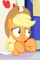 Size: 437x656 | Tagged: safe, screencap, applejack, earth pony, pony, g4, sparkle's seven, cropped, female, friendship throne, mare, solo