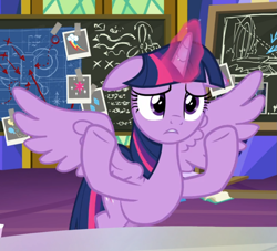 Size: 973x883 | Tagged: safe, screencap, twilight sparkle, alicorn, pony, sparkle's seven, cropped, female, floppy ears, glowing horn, horn, mare, solo, spread wings, twilight sparkle (alicorn), wings