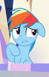 Size: 282x444 | Tagged: safe, screencap, rainbow dash, pony, g4, sparkle's seven, cropped, female, floppy ears, sitting, solo, worried