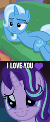 Size: 592x1440 | Tagged: safe, edit, edited screencap, screencap, starlight glimmer, trixie, g4, road to friendship, uncommon bond, caption, draw me like one of your french girls, female, image macro, lesbian, meme, ship:startrix, shipping, shipping domino, text