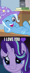 Size: 592x1440 | Tagged: safe, edit, edited screencap, screencap, starlight glimmer, trixie, a horse shoe-in, g4, uncommon bond, caption, cropped, female, image macro, lesbian, meme, ship:startrix, shipping, shipping domino, text