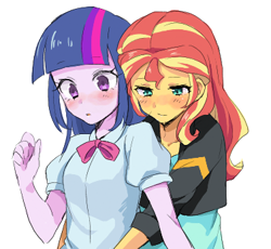 Size: 377x347 | Tagged: safe, artist:gamefreakdx, sunset shimmer, twilight sparkle, equestria girls, g4, anime, blushing, clothes, cute, duo, female, hug, hug from behind, jacket, leather jacket, lesbian, looking down, shimmerbetes, ship:sunsetsparkle, shipping, twiabetes