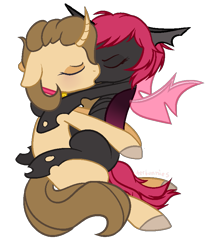 Size: 737x865 | Tagged: safe, artist:unichan, oc, oc only, oc:coffee bean, changeling, pony, unicorn, female, hug, kissing, lesbian, pink changeling, simple background, transparent background, wings