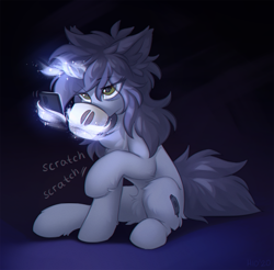 Size: 1280x1258 | Tagged: safe, artist:hioshiru, oc, oc only, oc:kate, pony, unicorn, blue background, chest fluff, coffee, cup, ear fluff, female, fluffy, horn, magic, mare, mug, phone, scratching, simple background, sitting, solo, tired