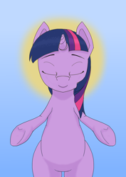 Size: 1754x2480 | Tagged: safe, artist:mediocre, twilight sparkle, pony, unicorn, g4, eyes closed, female, open arms, simple background, solo, standing, unicorn twilight