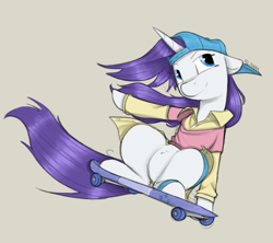 Size: 900x800 | Tagged: safe, artist:sinrar, rarity, pony, unicorn, friendship university, g4, alternate hairstyle, cap, clothes, disguise, hat, plainity, simple background, skateboard, tan background