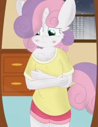 Size: 1024x1326 | Tagged: safe, artist:skyflys, sweetie belle, unicorn, anthro, g4, blushing, cheek fluff, clothes, cute, female, fluffy, older, older sweetie belle, pajamas, sad, self-conscious, solo, teenager