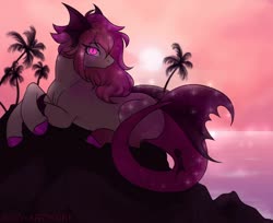 Size: 1920x1563 | Tagged: safe, artist:acry-artwork, oc, oc only, oc:siren song, merpony, pony, sea pony, siren, beach, fins, palm tree, slit pupils, solo, sparkles, sunset, tree, water
